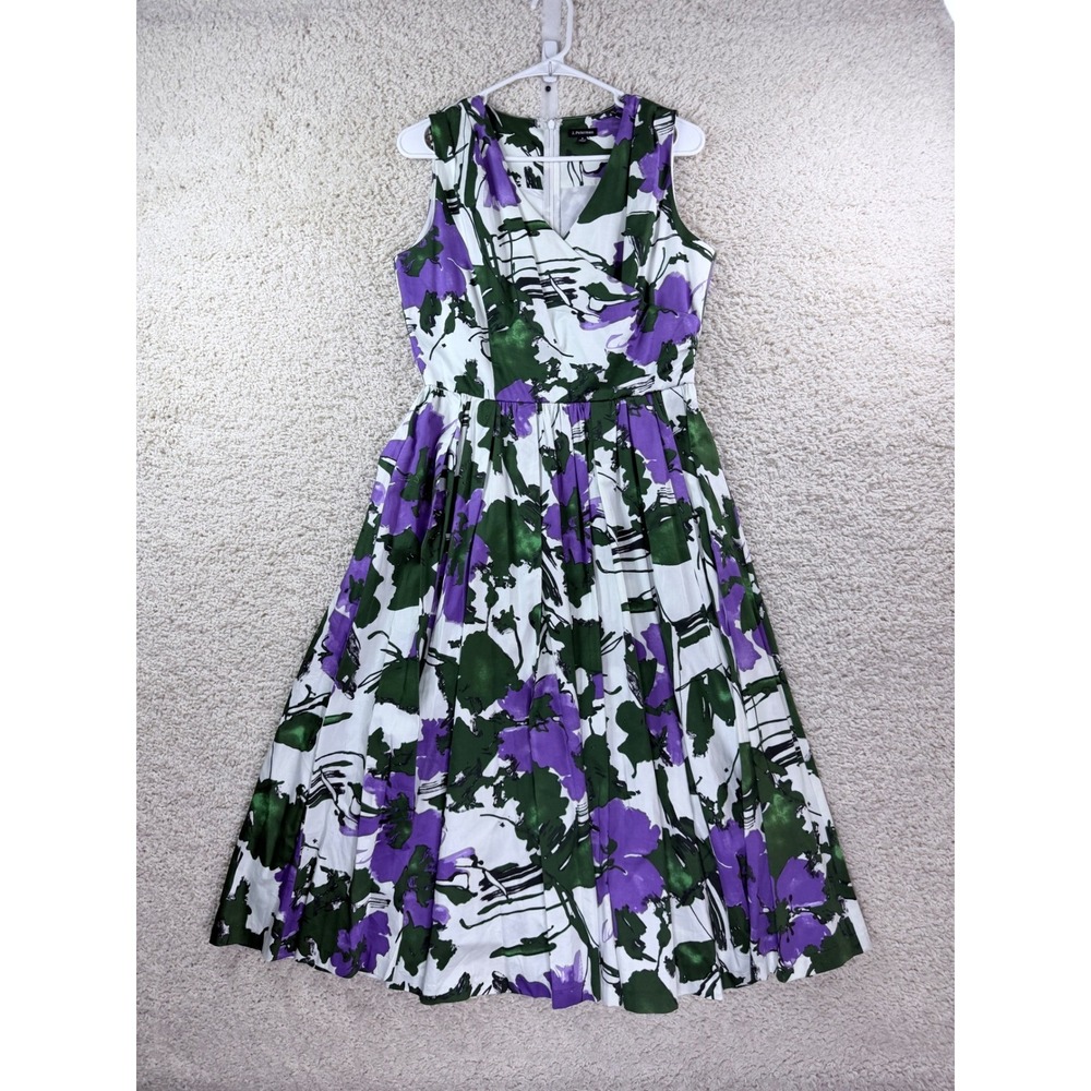 J. Peterman Floral Dress Womens 8 Purple Green White Cotton Sleeveless Midi